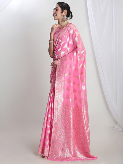 Janasya Pink Silk Blend Geometric Jacquard Saree