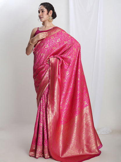 Janasya Pink Silk Blend Floral Jacquard Saree