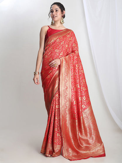 Janasya Red Silk Blend Floral Jacquard Saree