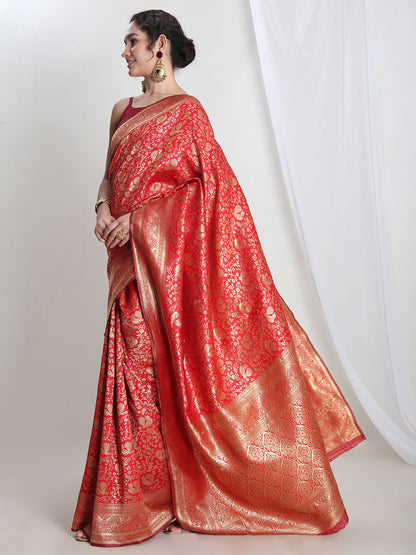 Janasya Red Silk Blend Floral Jacquard Saree