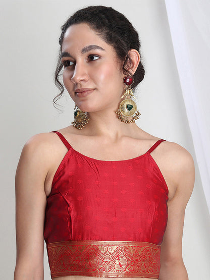 Janasya Red Silk Blend Floral Jacquard Saree