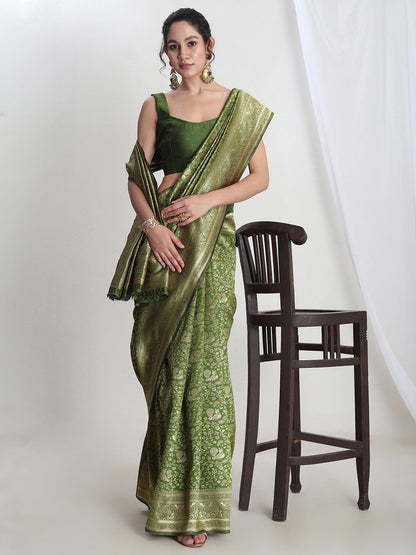 Janasya Green Silk Blend Floral Jacquard Saree