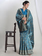 Janasya Teal Blue Silk Blend Floral Jacquard Saree