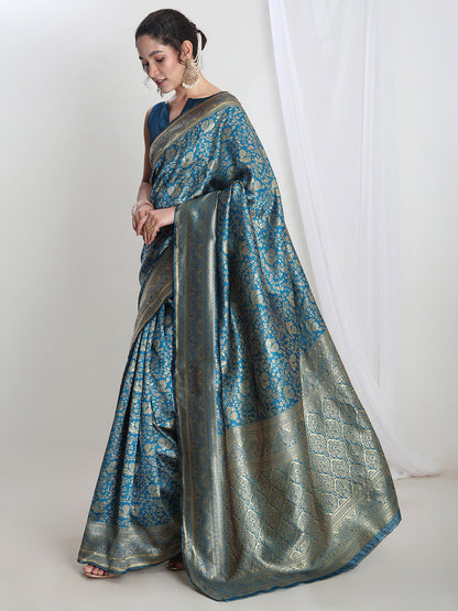 Janasya Teal Blue Silk Blend Floral Jacquard Saree