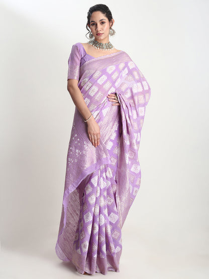Janasya Lavender Silk Blend Geometric Jacquard Saree