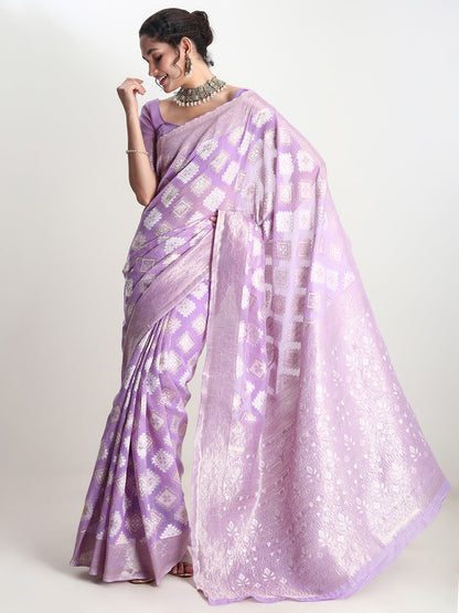 Janasya Lavender Silk Blend Geometric Jacquard Saree