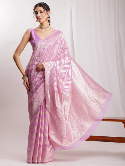 Janasya Lavender Silk Blend Floral Jacquard Saree