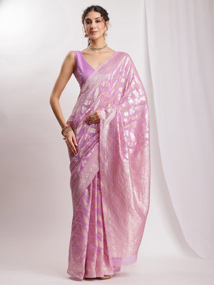 Janasya Lavender Silk Blend Floral Jacquard Saree