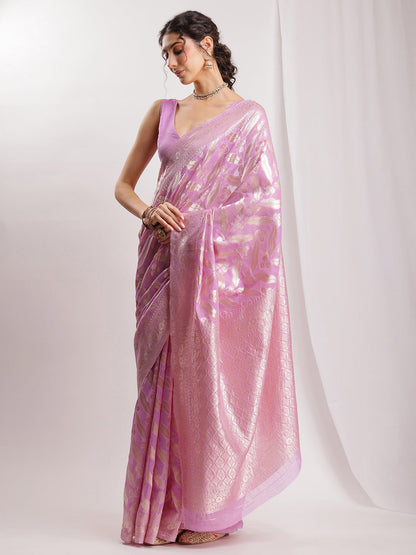 Janasya Lavender Silk Blend Floral Jacquard Saree
