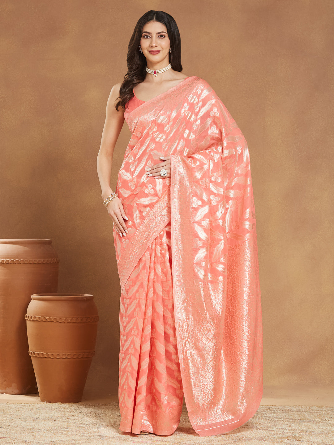 Janasya Peach Silk Blend Floral Jacquard Saree