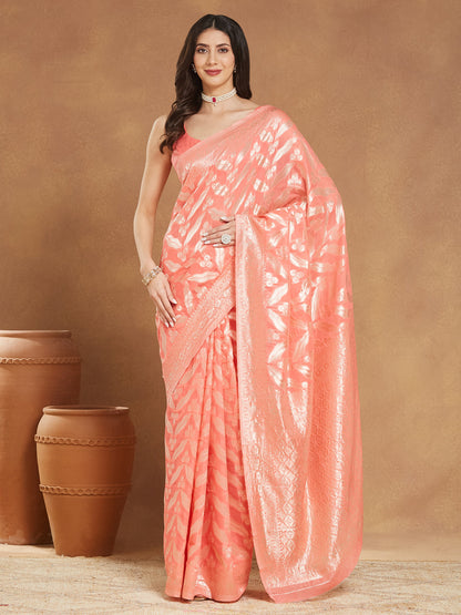 Janasya Peach Silk Blend Floral Jacquard Saree