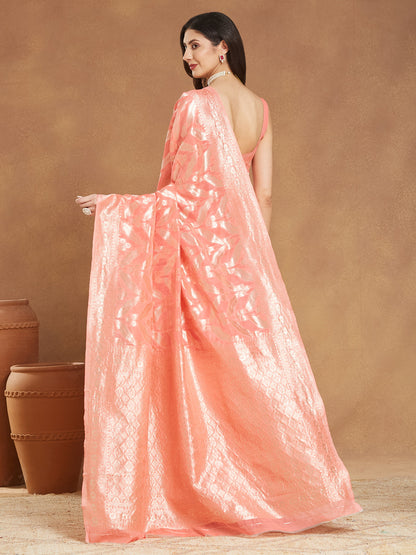 Janasya Peach Silk Blend Floral Jacquard Saree