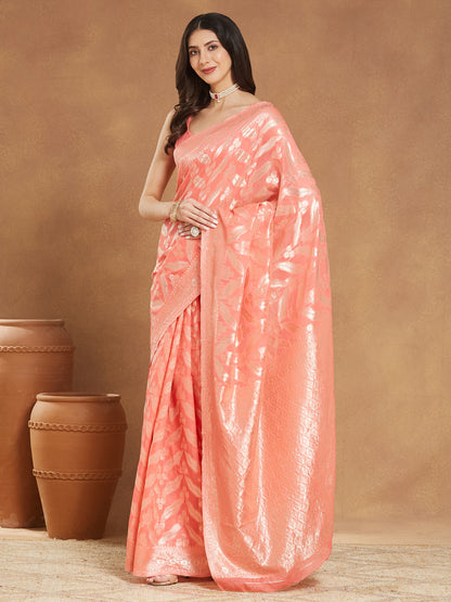 Janasya Peach Silk Blend Floral Jacquard Saree