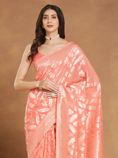 Janasya Peach Silk Blend Floral Jacquard Saree