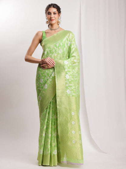 Janasya Green Silk Blend Geometric Jacquard Saree