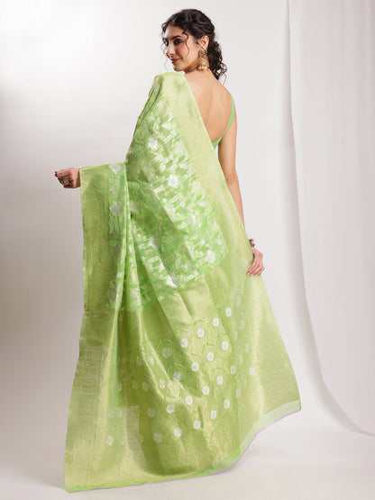 Janasya Green Silk Blend Geometric Jacquard Saree