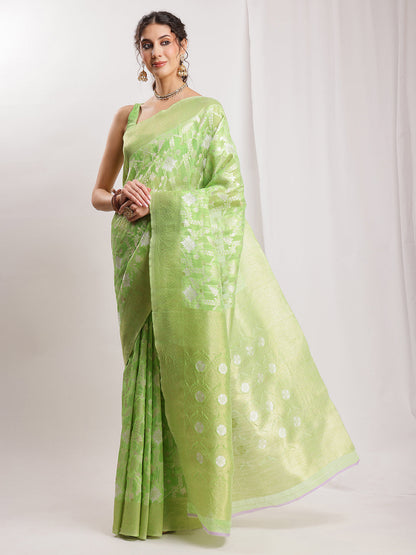 Janasya Green Silk Blend Geometric Jacquard Saree