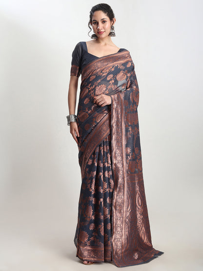 Janasya Dark Grey Silk Blend Floral Jacquard Saree