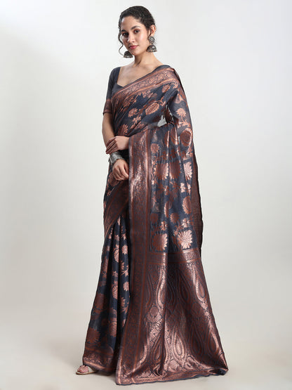 Janasya Dark Grey Silk Blend Floral Jacquard Saree