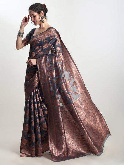 Janasya Dark Grey Silk Blend Floral Jacquard Saree