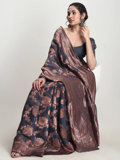 Janasya Dark Grey Silk Blend Floral Jacquard Saree