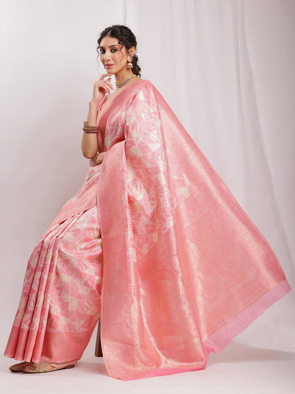 Janasya Peach Silk Blend Geometric Jacquard Saree