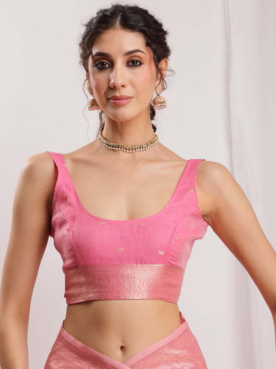 Janasya Peach Silk Blend Geometric Jacquard Saree