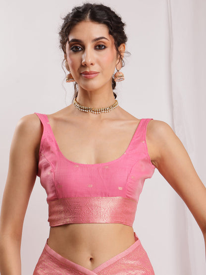 Janasya Peach Silk Blend Geometric Jacquard Saree