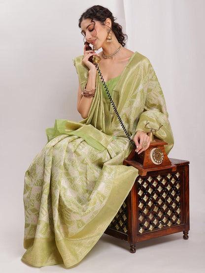 Janasya Green Silk Blend Geometric Jacquard Saree
