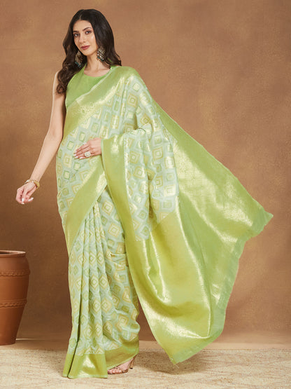 Janasya Light Green Silk Blend Geometric Jacquard Saree