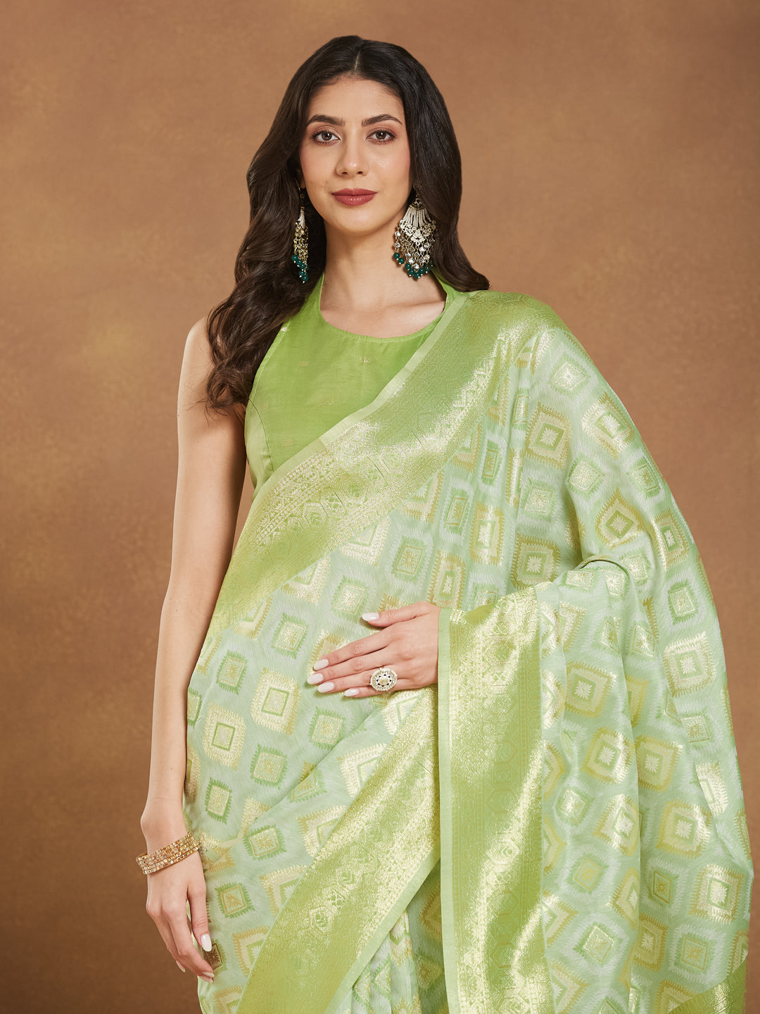 Janasya Light Green Silk Blend Geometric Jacquard Saree