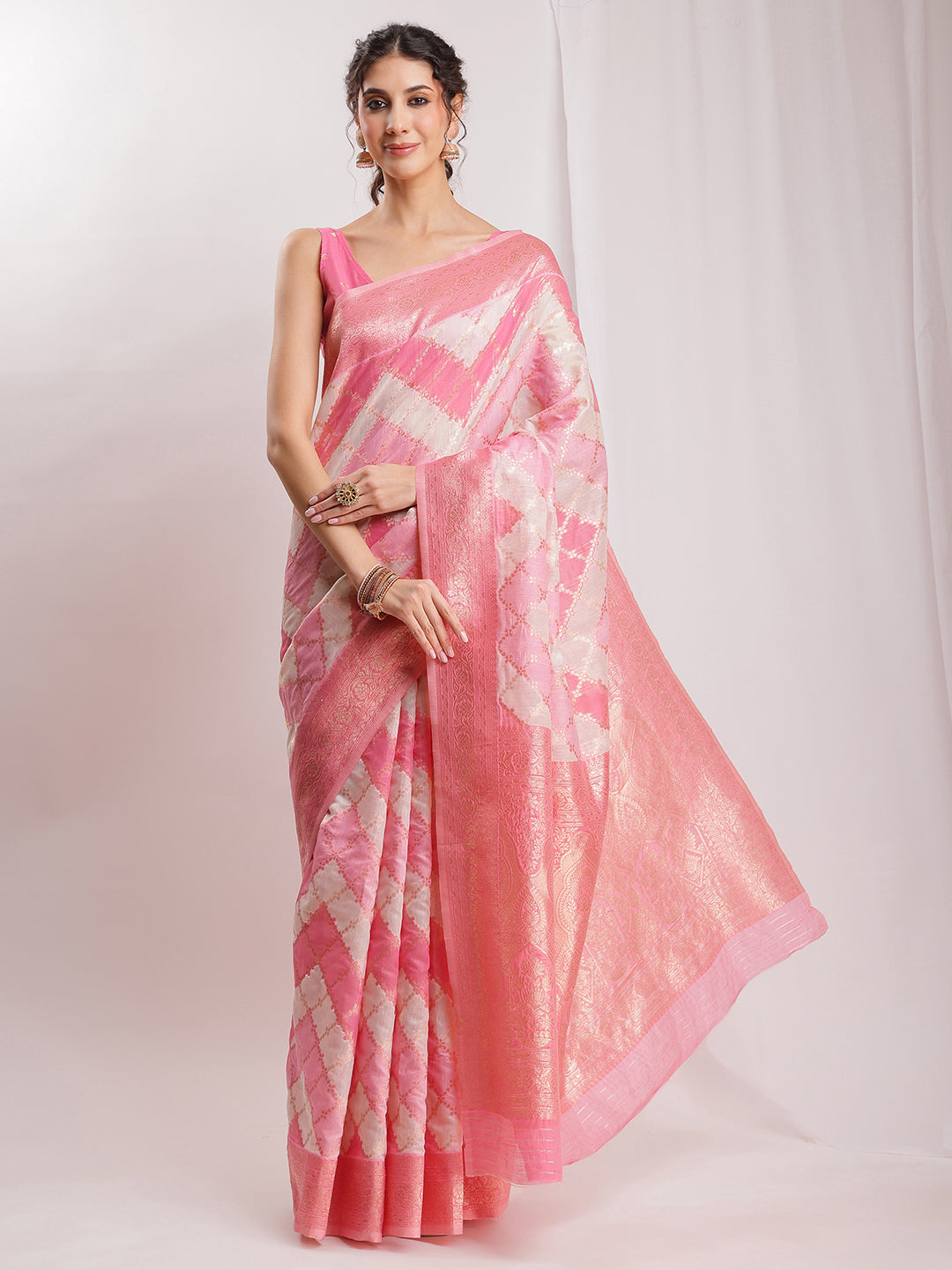Janasya Peach Silk Blend Geometric Jacquard Saree