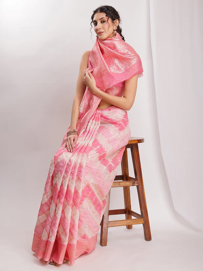 Janasya Peach Silk Blend Geometric Jacquard Saree