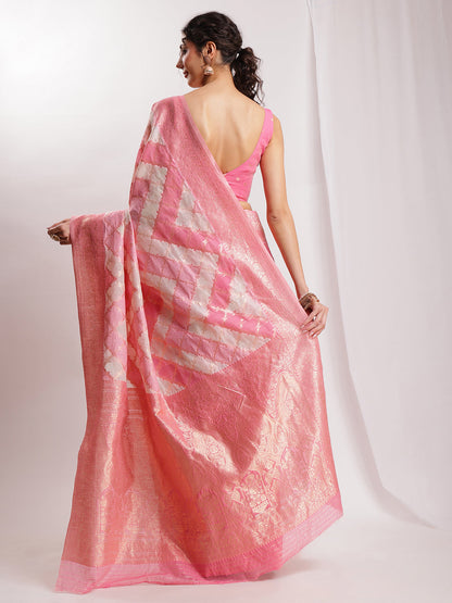 Janasya Peach Silk Blend Geometric Jacquard Saree