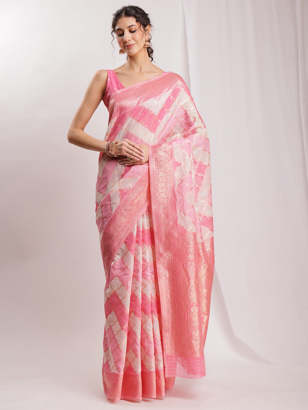 Janasya Peach Silk Blend Geometric Jacquard Saree