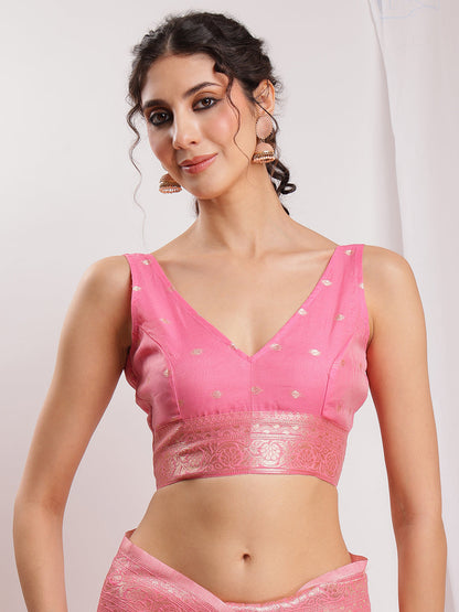 Janasya Peach Silk Blend Geometric Jacquard Saree