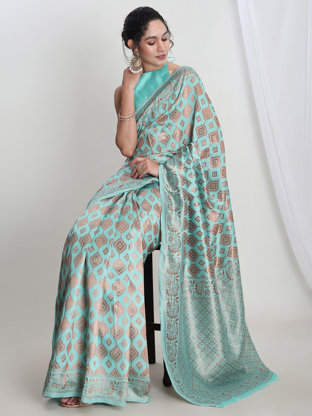 Janasya Light Blue Silk Blend Geometric Jacquard Saree