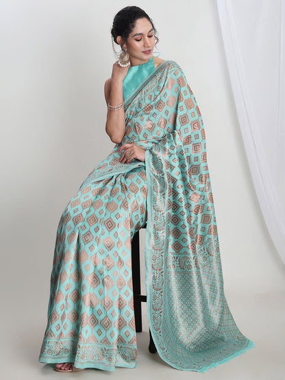 Janasya Light Blue Silk Blend Geometric Jacquard Saree