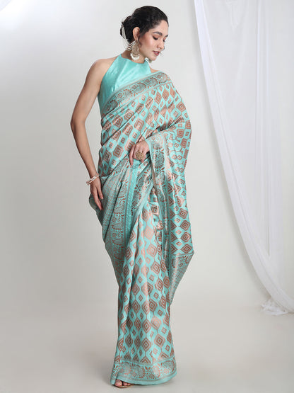 Janasya Light Blue Silk Blend Geometric Jacquard Saree