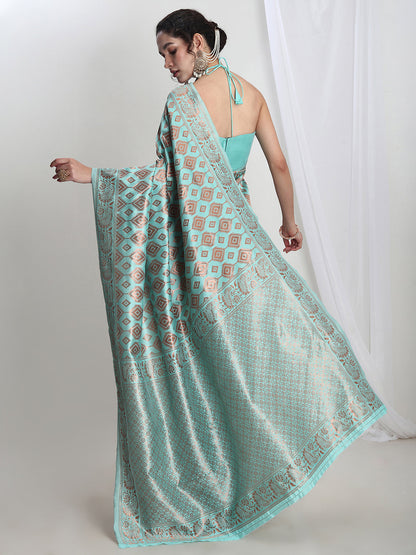 Janasya Light Blue Silk Blend Geometric Jacquard Saree