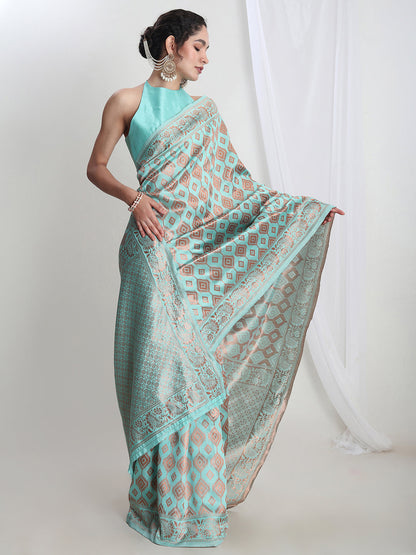 Janasya Light Blue Silk Blend Geometric Jacquard Saree