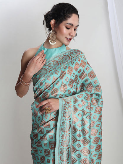 Janasya Light Blue Silk Blend Geometric Jacquard Saree
