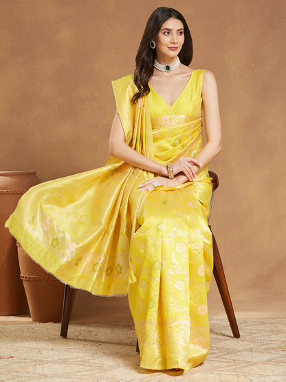 Janasya Yellow Silk Blend Floral Jacquard Saree