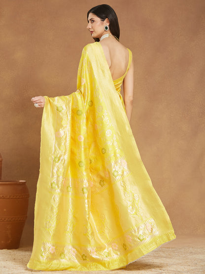 Janasya Yellow Silk Blend Floral Jacquard Saree