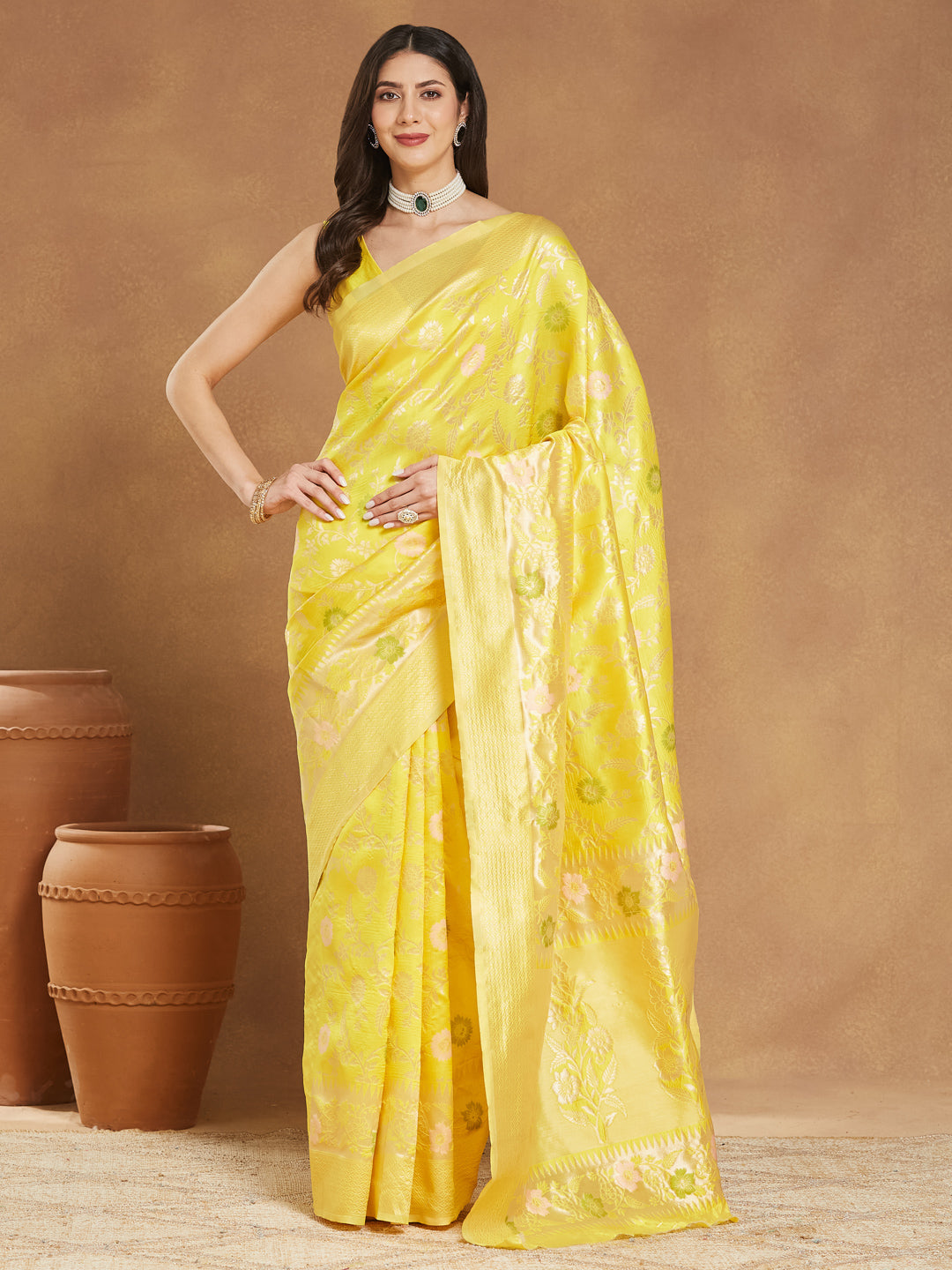 Janasya Yellow Silk Blend Floral Jacquard Saree
