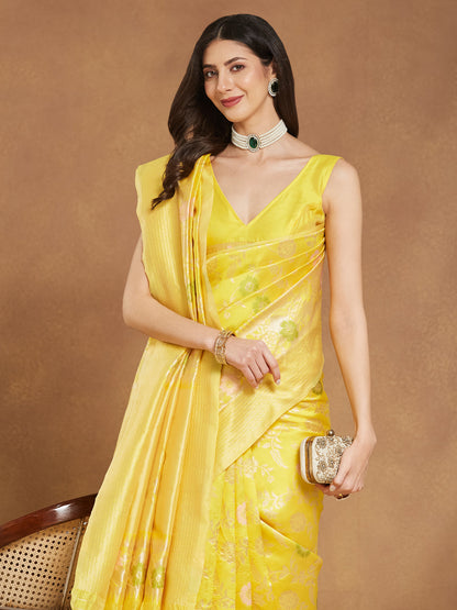 Janasya Yellow Silk Blend Floral Jacquard Saree