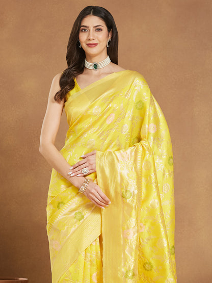 Janasya Yellow Silk Blend Floral Jacquard Saree