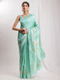 Janasya Sea Green Silk Blend Floral Jacquard Saree