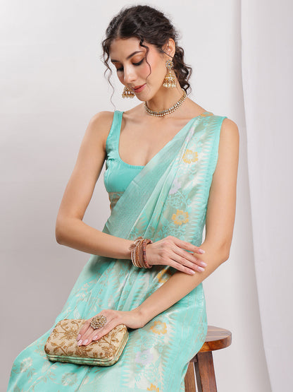 Janasya Sea Green Silk Blend Floral Jacquard Saree