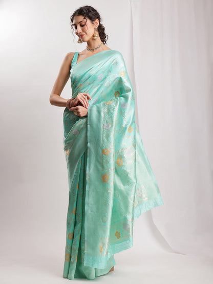 Janasya Sea Green Silk Blend Floral Jacquard Saree